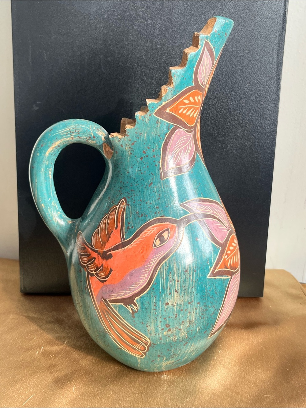 Vintage Hand-Painted Mexican Folk Art Ceramic Pitcher – Hummingbird Motif